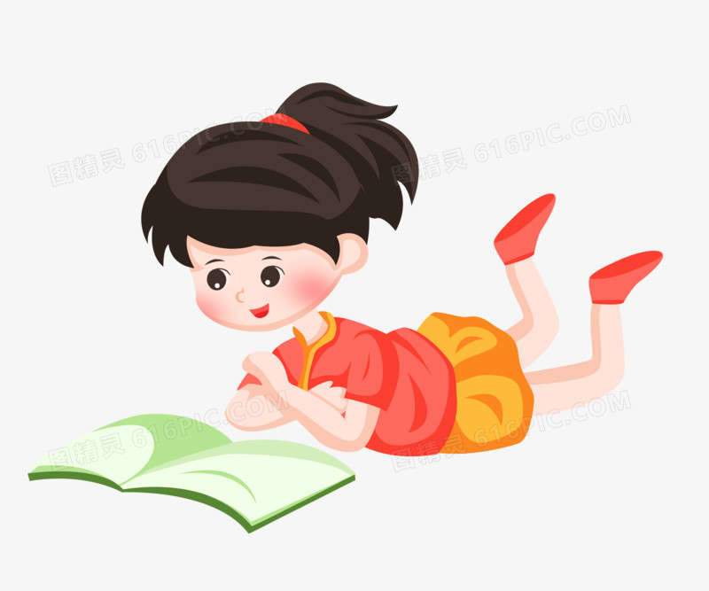 手绘卡通女孩趴在地上浏览书籍