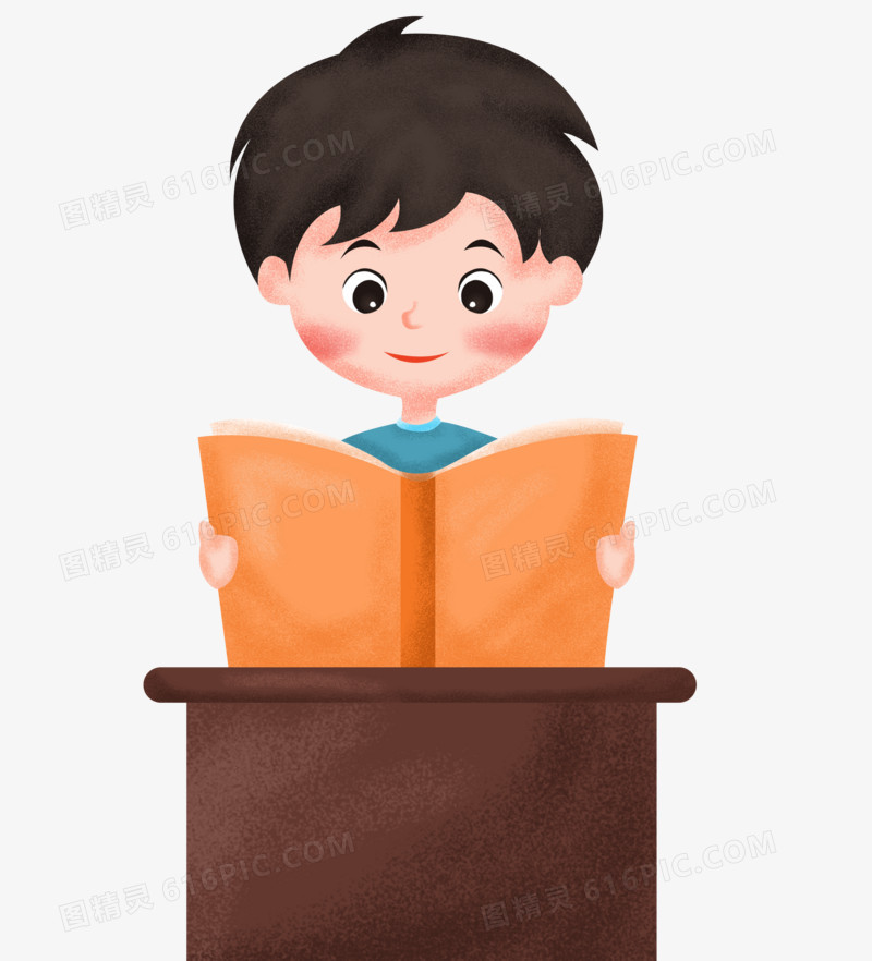 手绘卡通男孩在课桌上看数学书