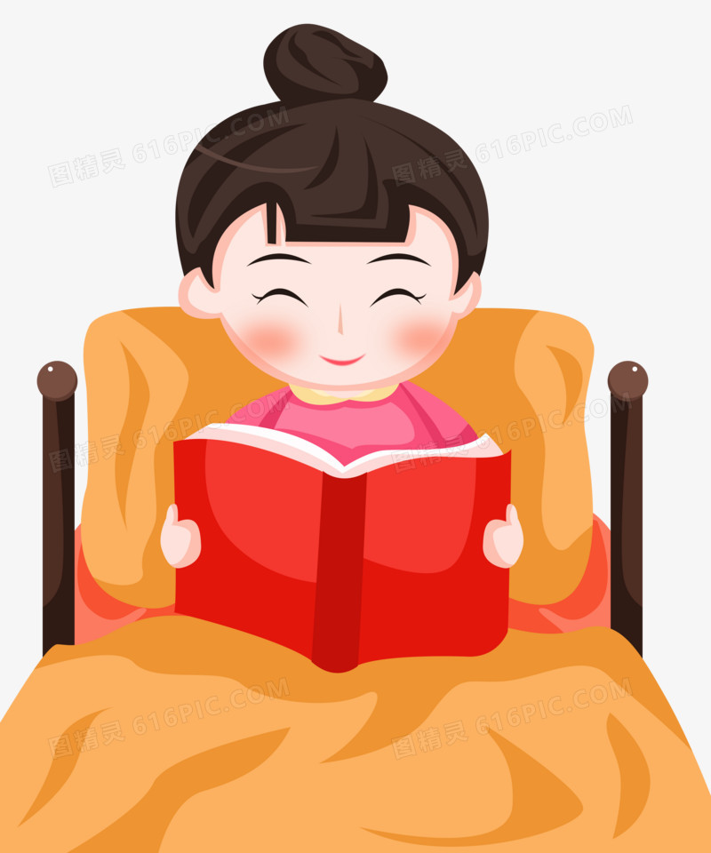 手绘卡通女孩坐在床上看书