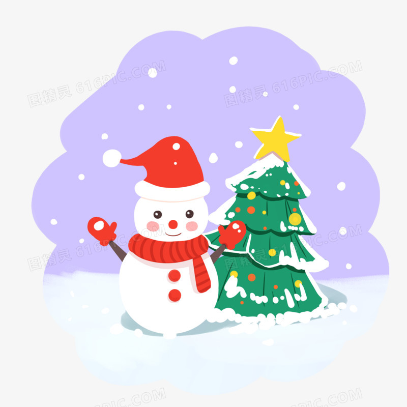 手绘冬季主题之带着圣诞帽的雪人和圣诞树