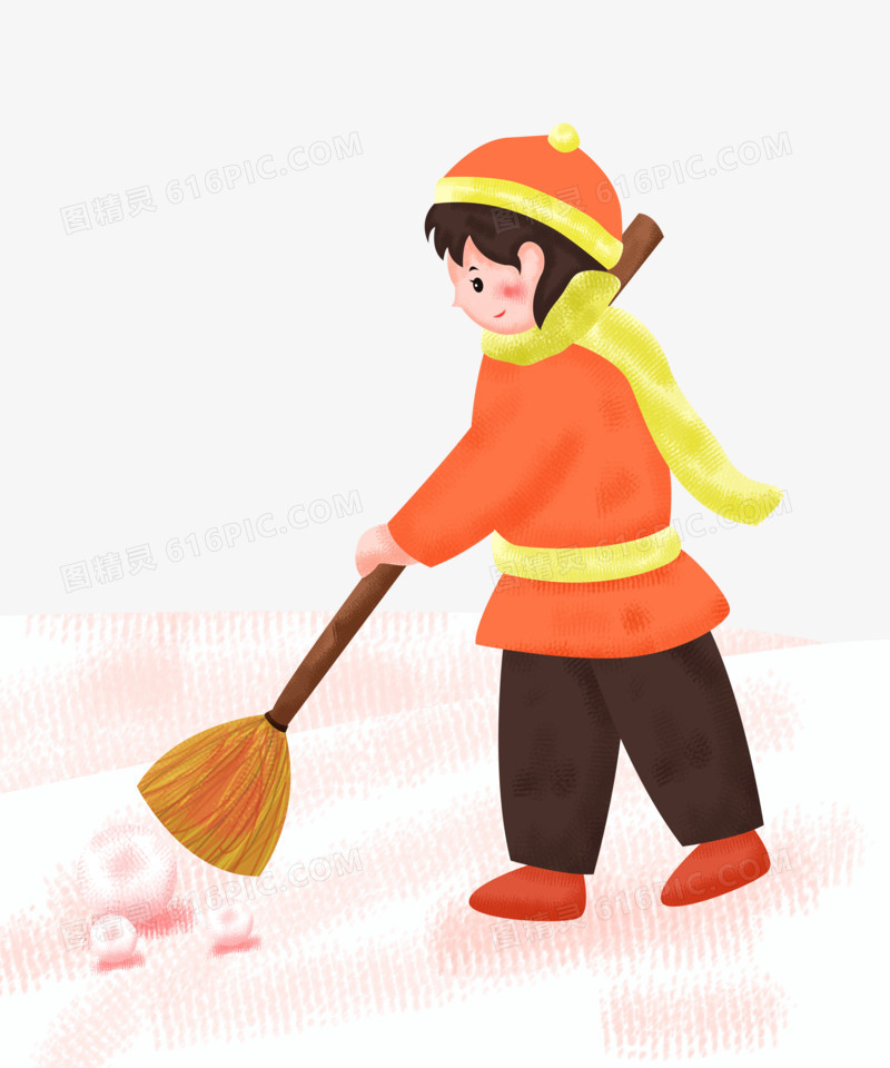 冬天之手绘卡通女孩拿着扫把扫雪地