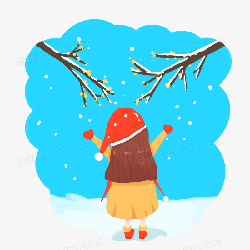 手绘冬季主题之腊梅树下展开双臂的女孩