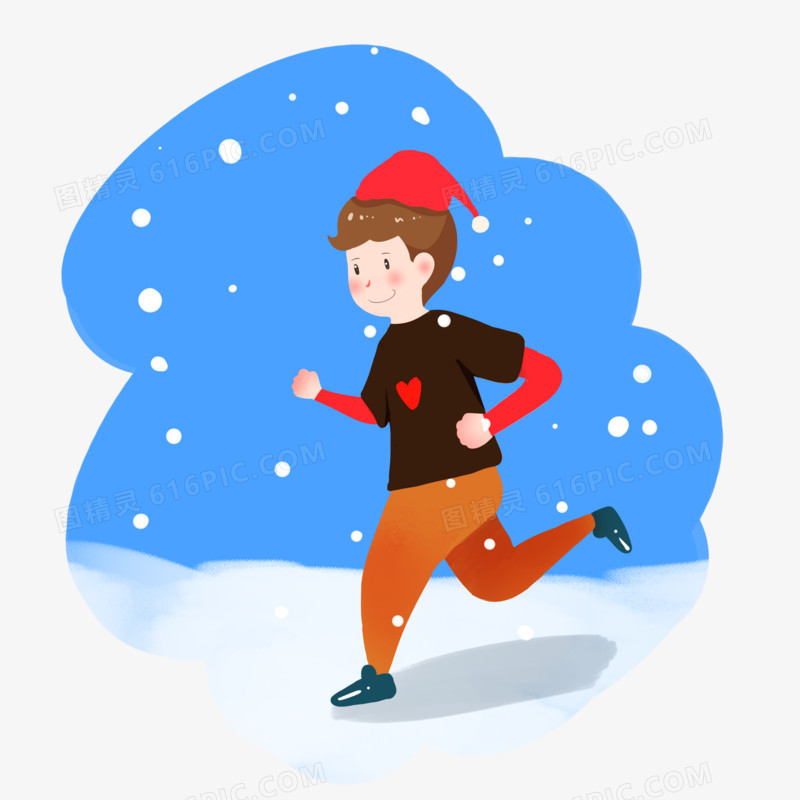 手绘冬季主题之在雪地上奔跑的小男孩
