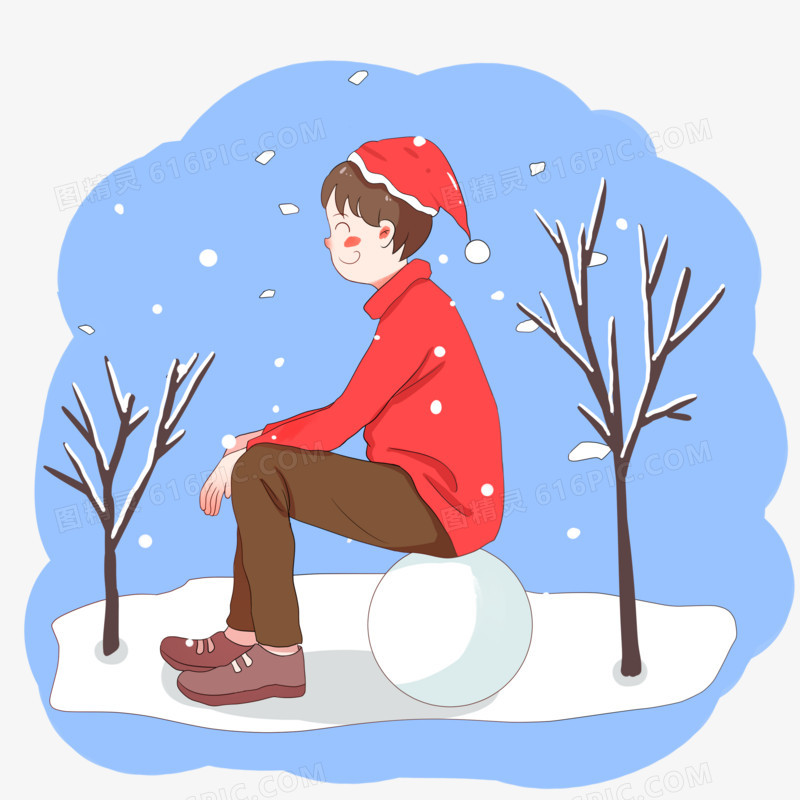 手绘冬季场景之坐在雪球上的男孩 