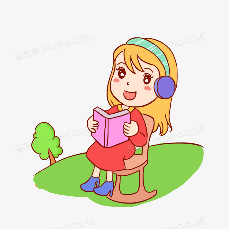 女孩野外看书读书手绘卡通元素