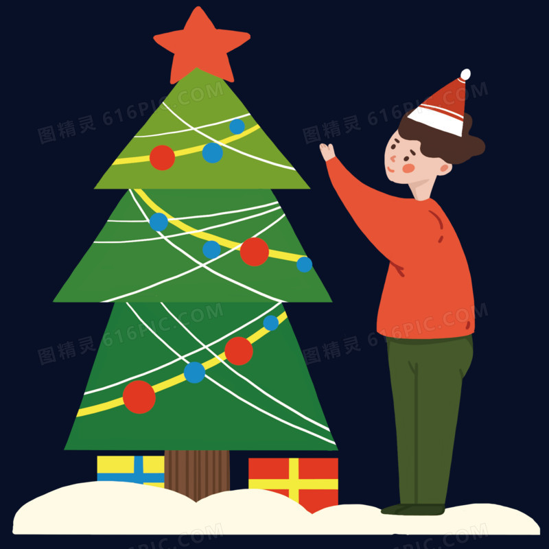 戴圣诞帽的扁平风男孩在布置圣诞树和礼物