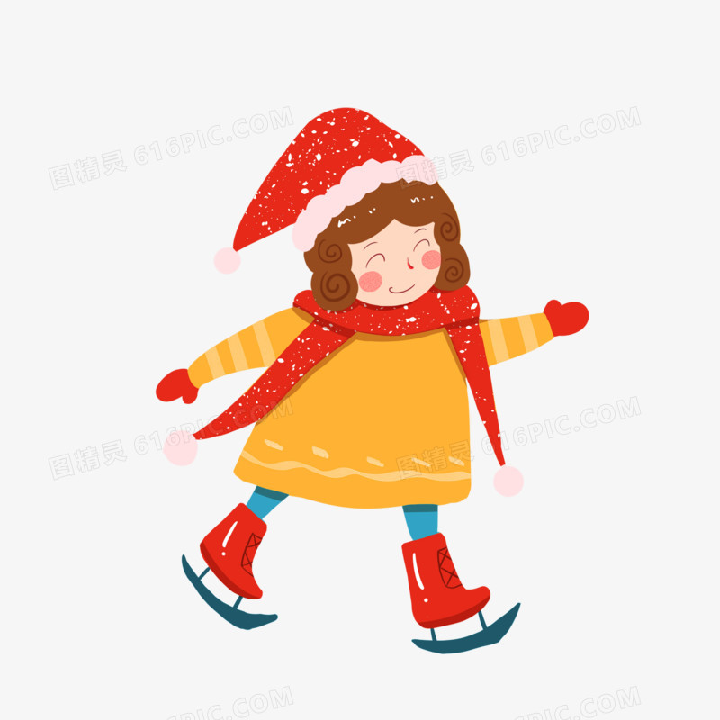 手绘戴着圣诞帽溜冰的小女孩