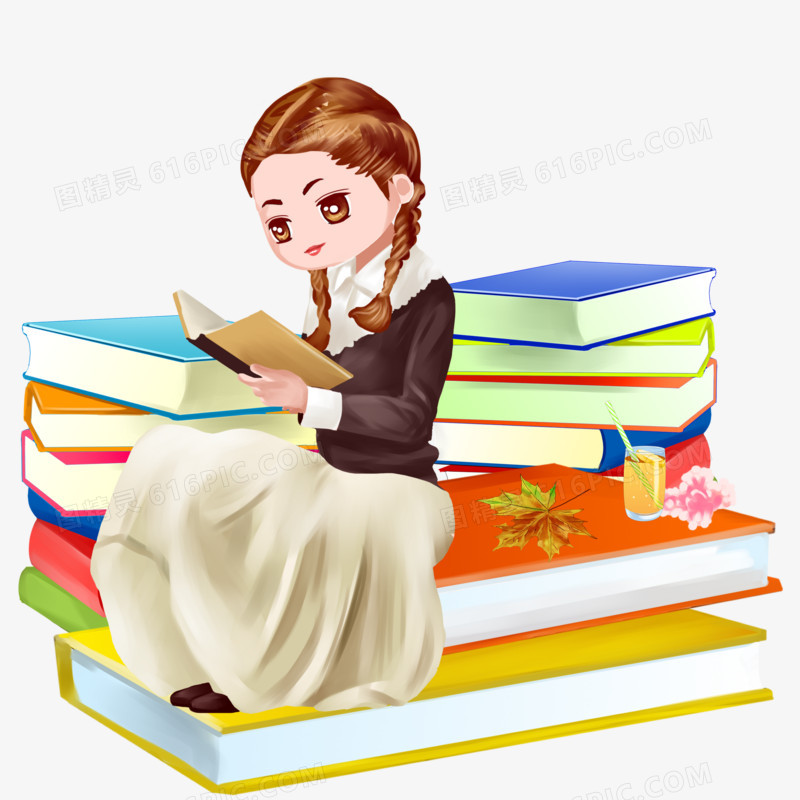 手绘坐着看书的女孩素材