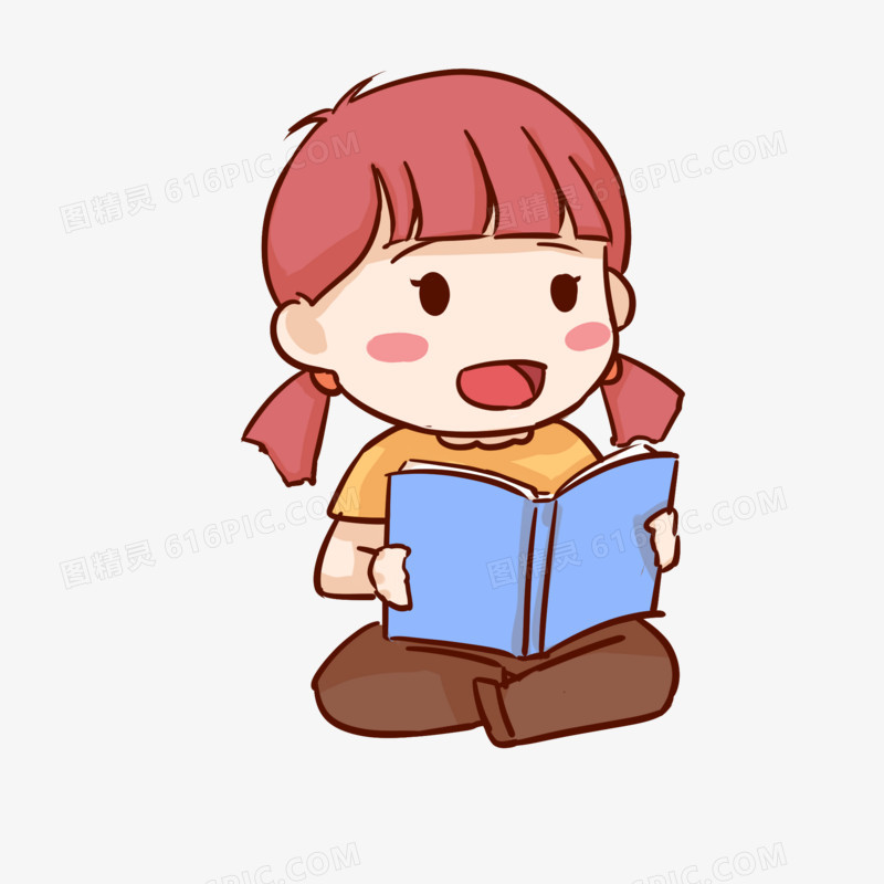 创意卡通可爱小女孩看书元素