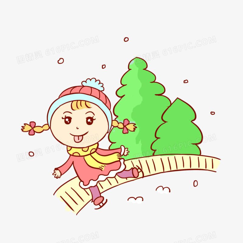 手绘冬季女孩滑雪卡通元素