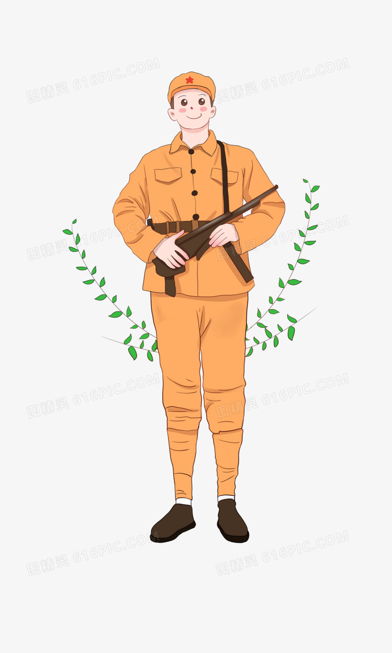 手绘穿着军装挎着枪的军人形象