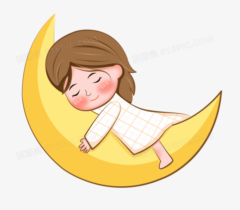 手绘卡通女孩在月亮上睡觉