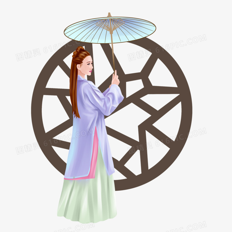 手绘古典人物乘凉素材