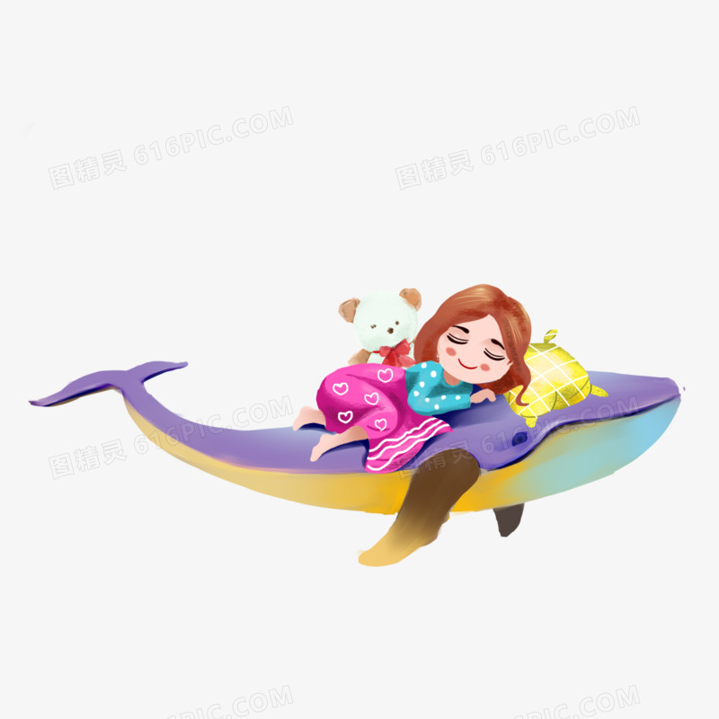 手绘趴在鲸鱼背上睡觉的女孩素材