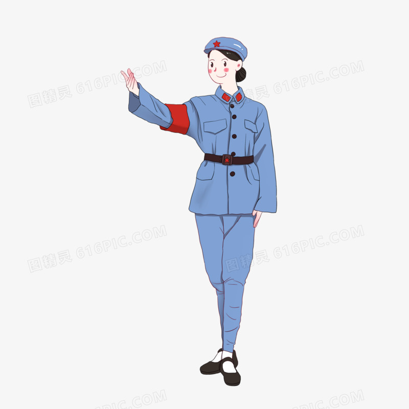 手绘穿着复古军装的女兵素材