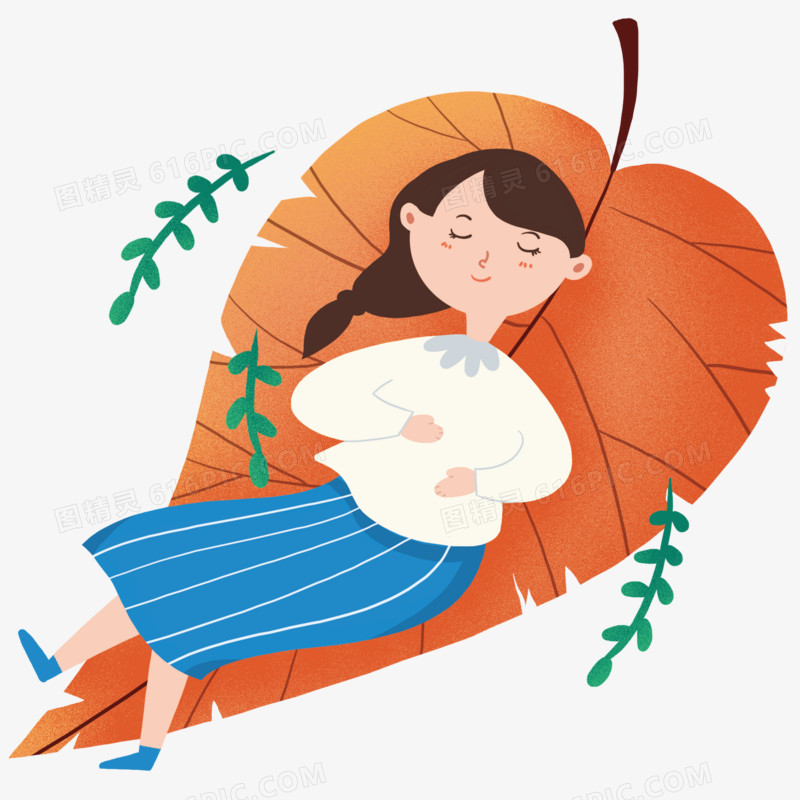 躺在树叶上睡觉的女孩创意夜晚睡眠元素