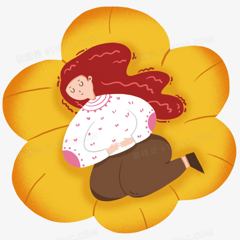 手绘躺在花朵上的睡觉女孩