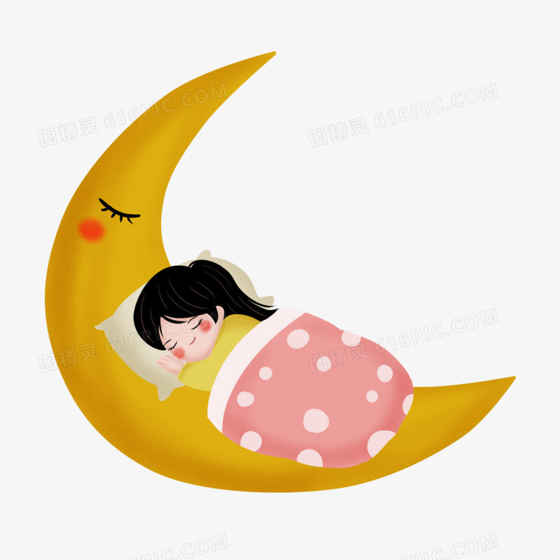 手绘躺在月亮上睡觉的女孩素材