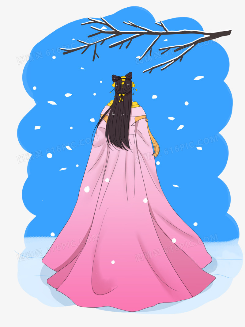 手绘雪景中的粉衣女子素材