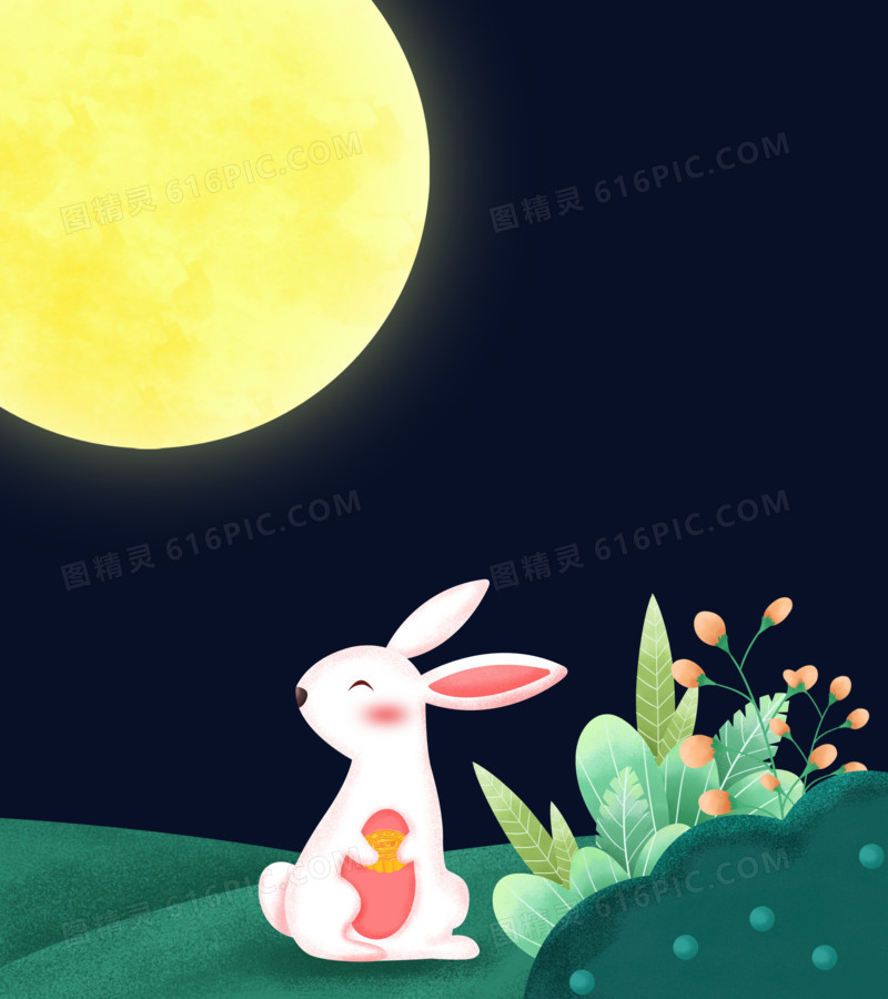 手绘卡通兔子遥望月亮