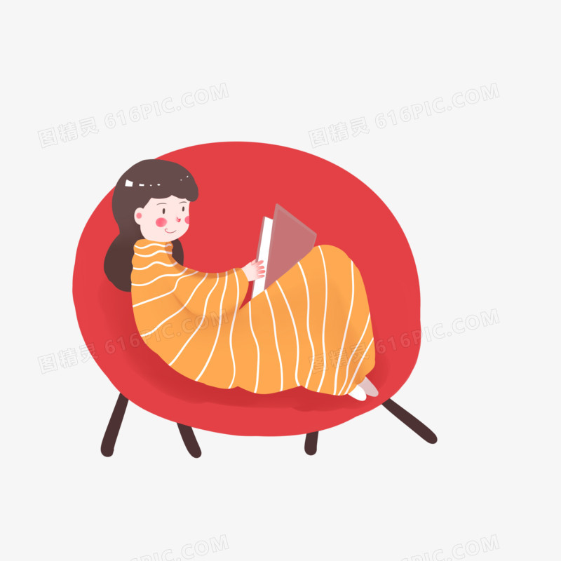 手绘扁平风之坐在沙发上看书的女孩