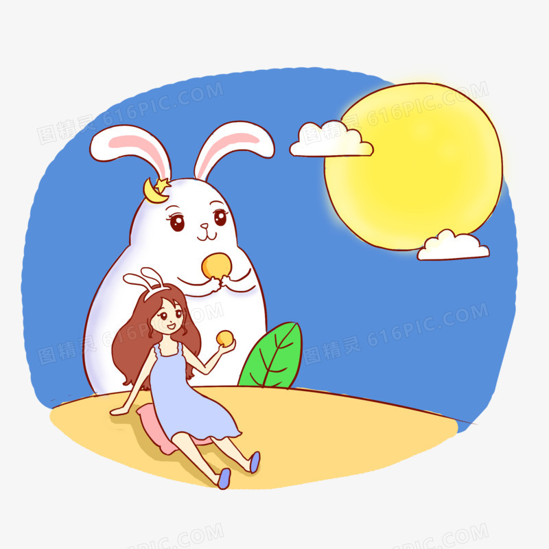 中秋赏月大白兔手绘卡通元素