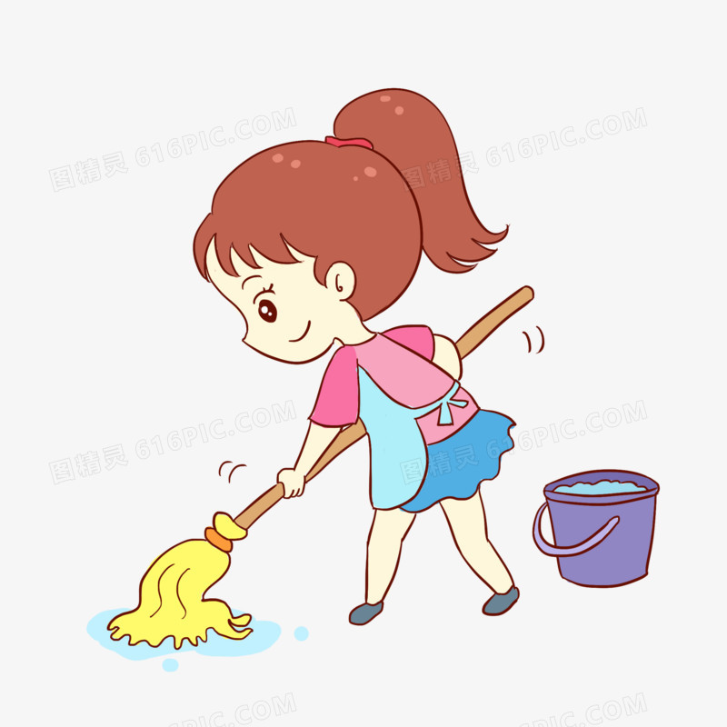新年女孩打扫卫生手绘卡通元素
