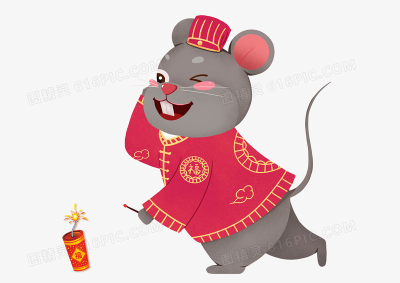 2020鼠年卡通手绘点鞭炮的老鼠