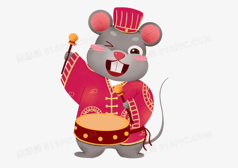 2020鼠年手绘卡通打鼓的老鼠元素