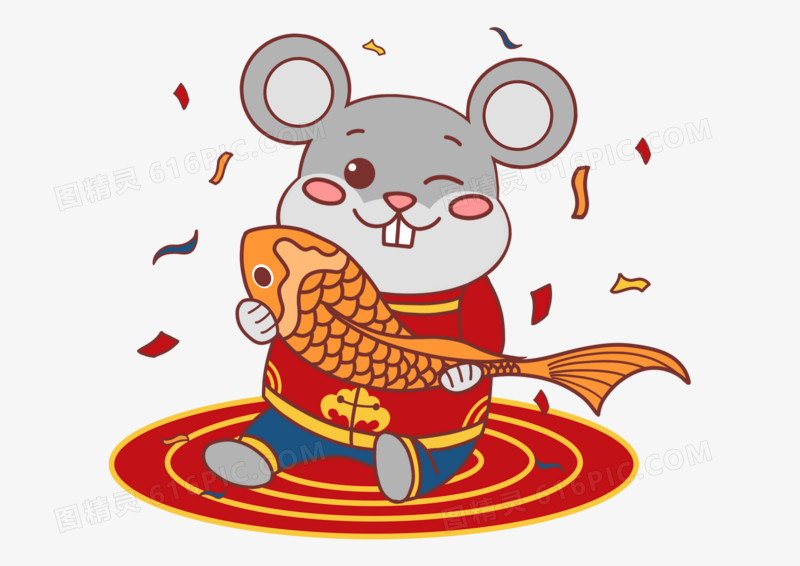 2020鼠年卡通手绘之抱鲤鱼的老鼠