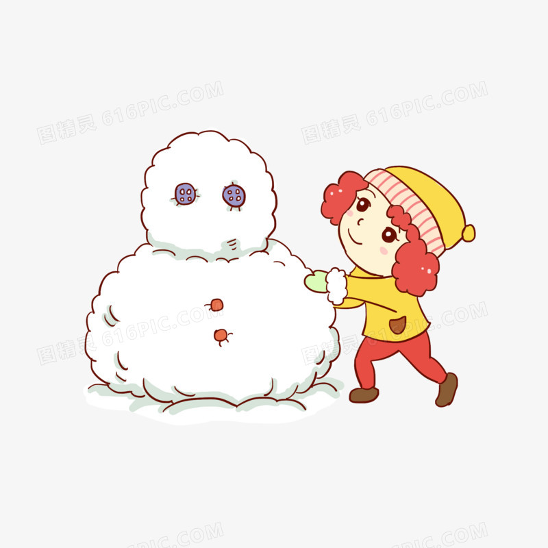 冬天女孩雪地堆雪人手绘卡通元素