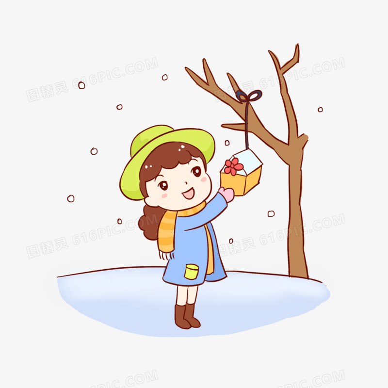女孩雪地树枝冬天手绘卡通元素
