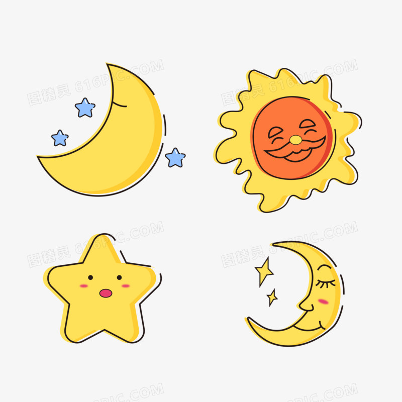 卡通手绘装饰元素太阳月亮星星