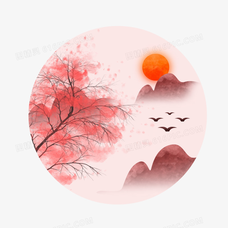 手绘卡通中国风红色水墨山水画