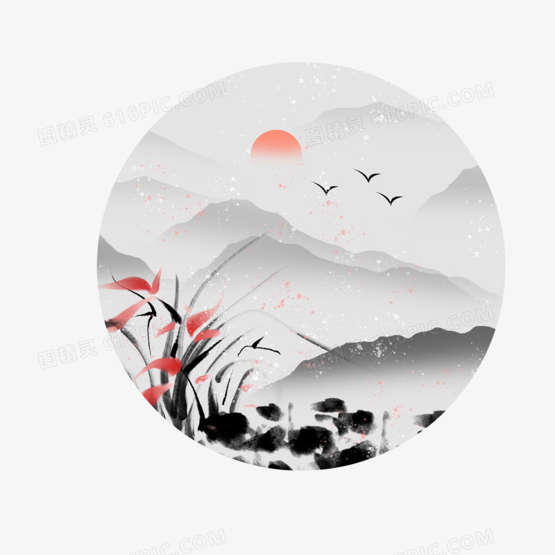 手绘卡通水墨山水画4