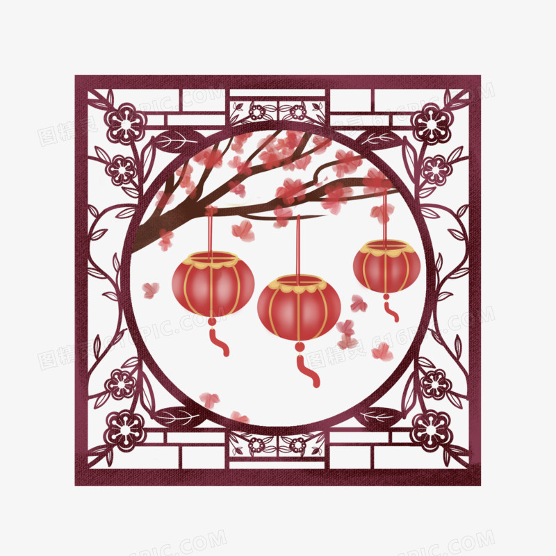 中国风方形红木窗手绘元素