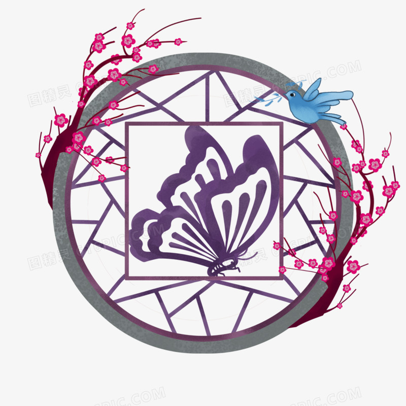 中国风紫色圆木窗手绘元素