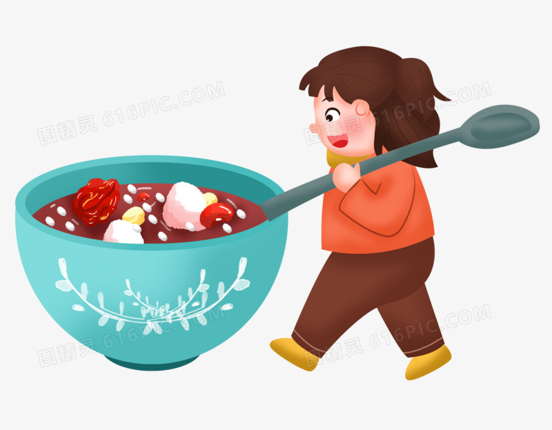 腊八节之手绘卡通女孩拿着勺子吃腊八粥