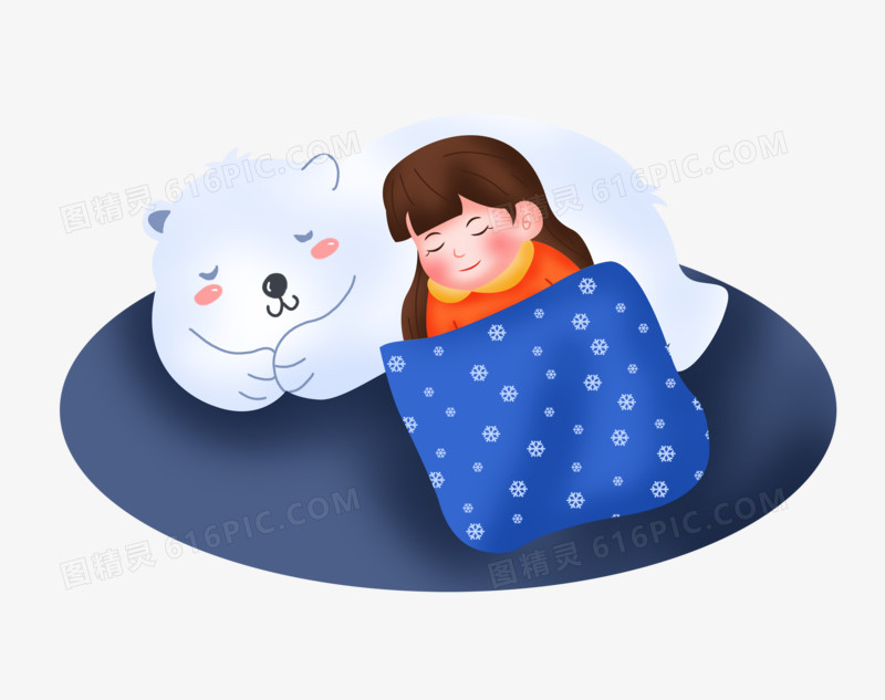 小寒之手绘卡通女孩躺在北极熊身上睡觉