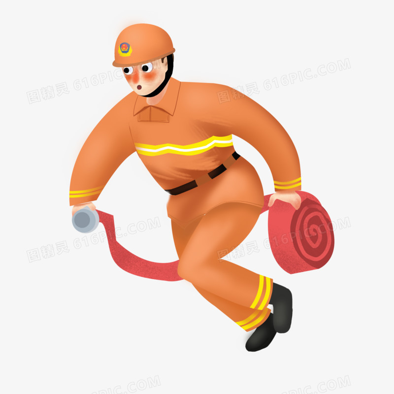 奔跑救火消防员卡通形象手绘元素