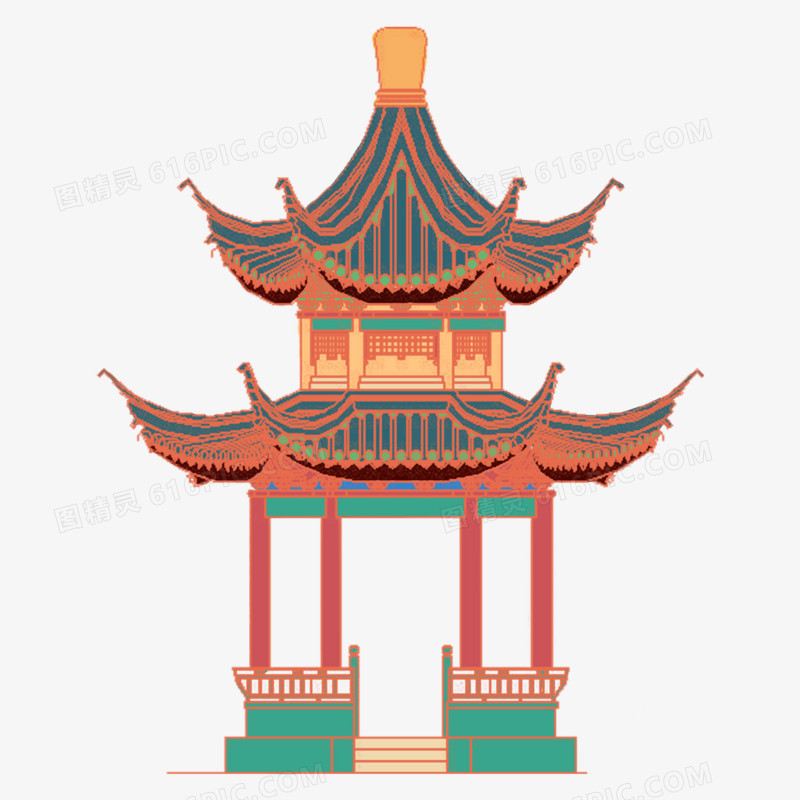 手绘中国风亭子装饰图案