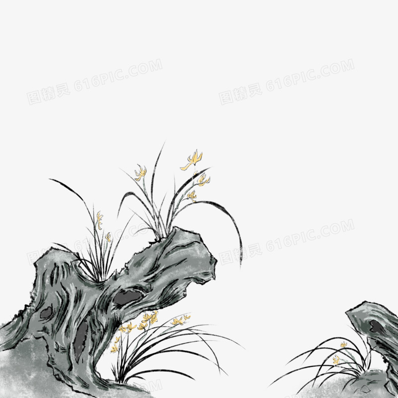 卡通元素中国风水墨画花卉元素