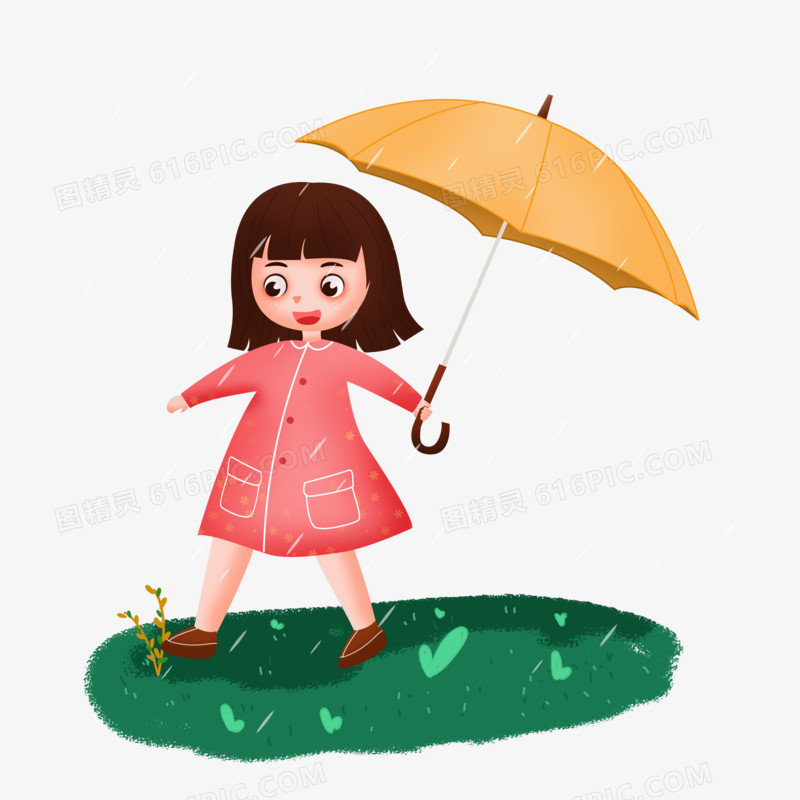 雨水之手绘卡通女孩撑伞玩水