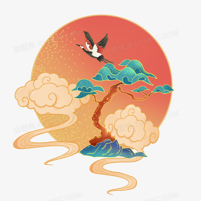 红色创意国潮中国金线山水风景插画