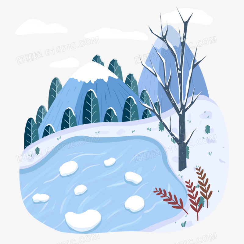 冬季下雪手绘扁平风景小元素