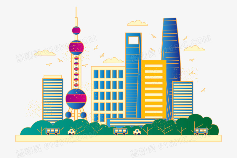 原创红色上海城市手绘插画