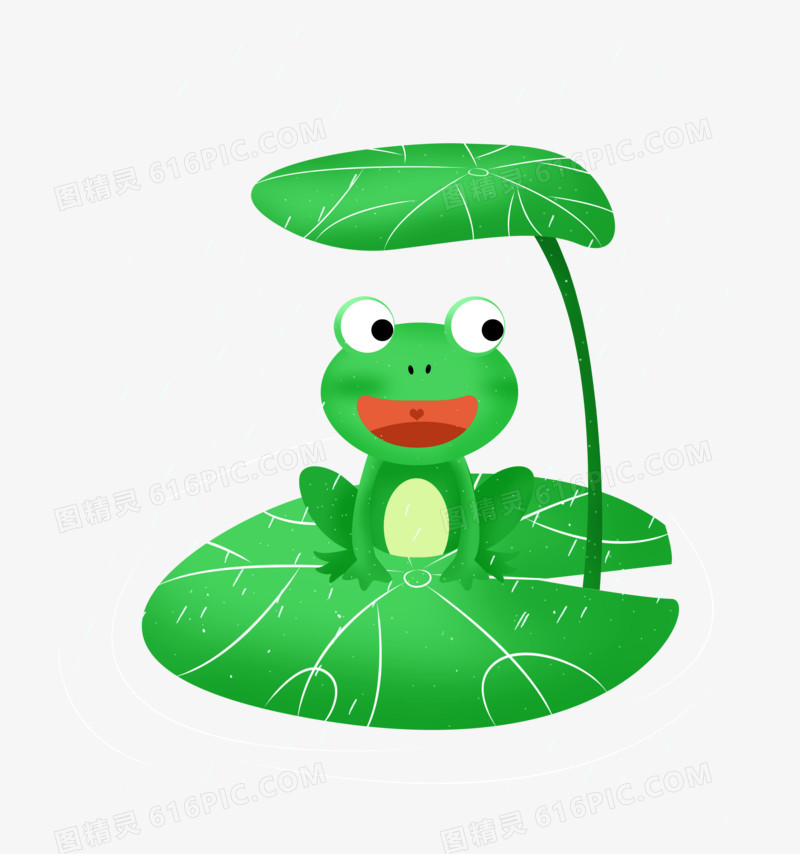 雨水之手绘卡通青蛙在荷叶下挡雨