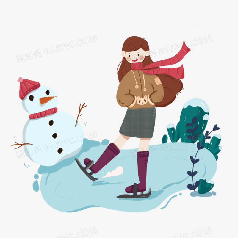 卡通可爱女孩冬季玩耍滑冰堆雪人元素