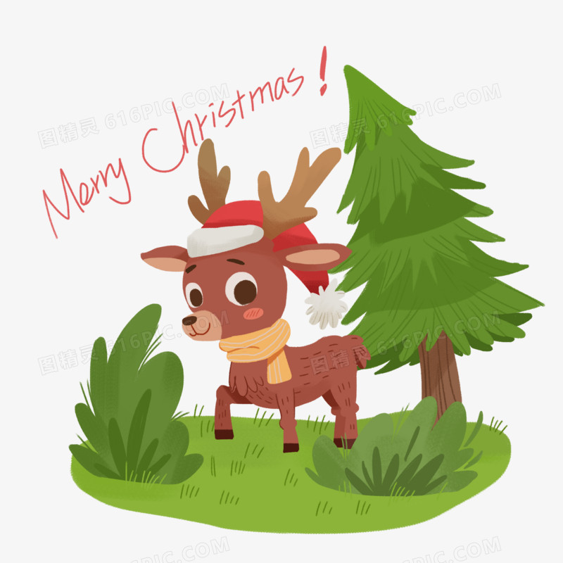  卡通手绘圣诞节圣诞树驯鹿元素