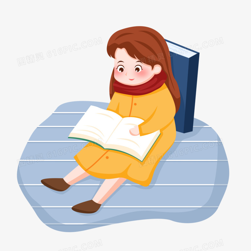 手绘卡通寒假里坐在地上看书的女孩